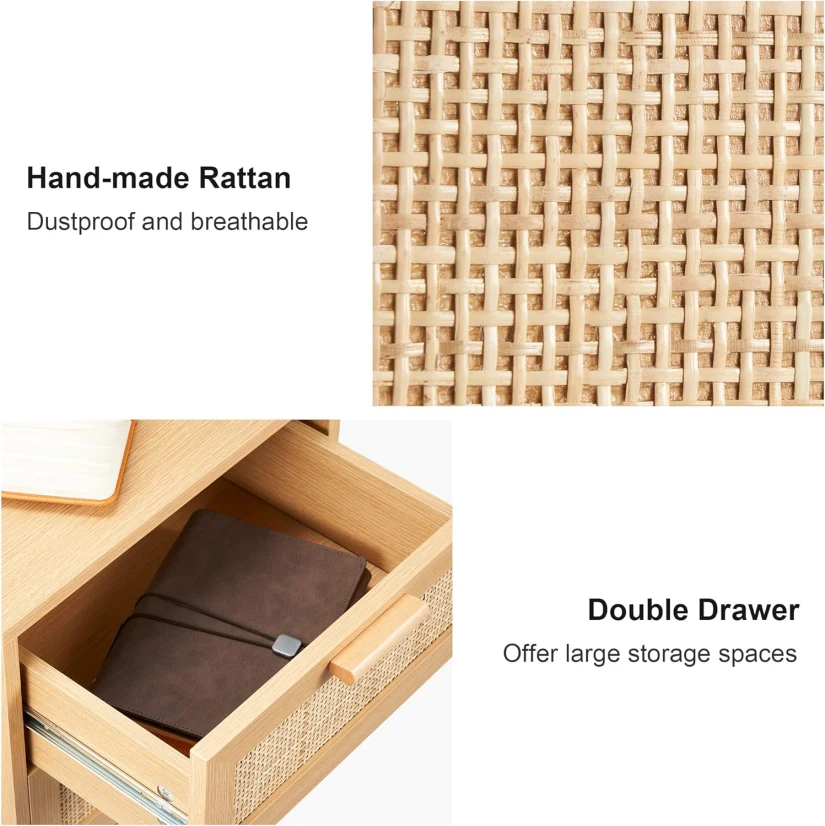 Wholesale bedroom furniture rustic natural wood bedside table nightstand with two rattan drawers