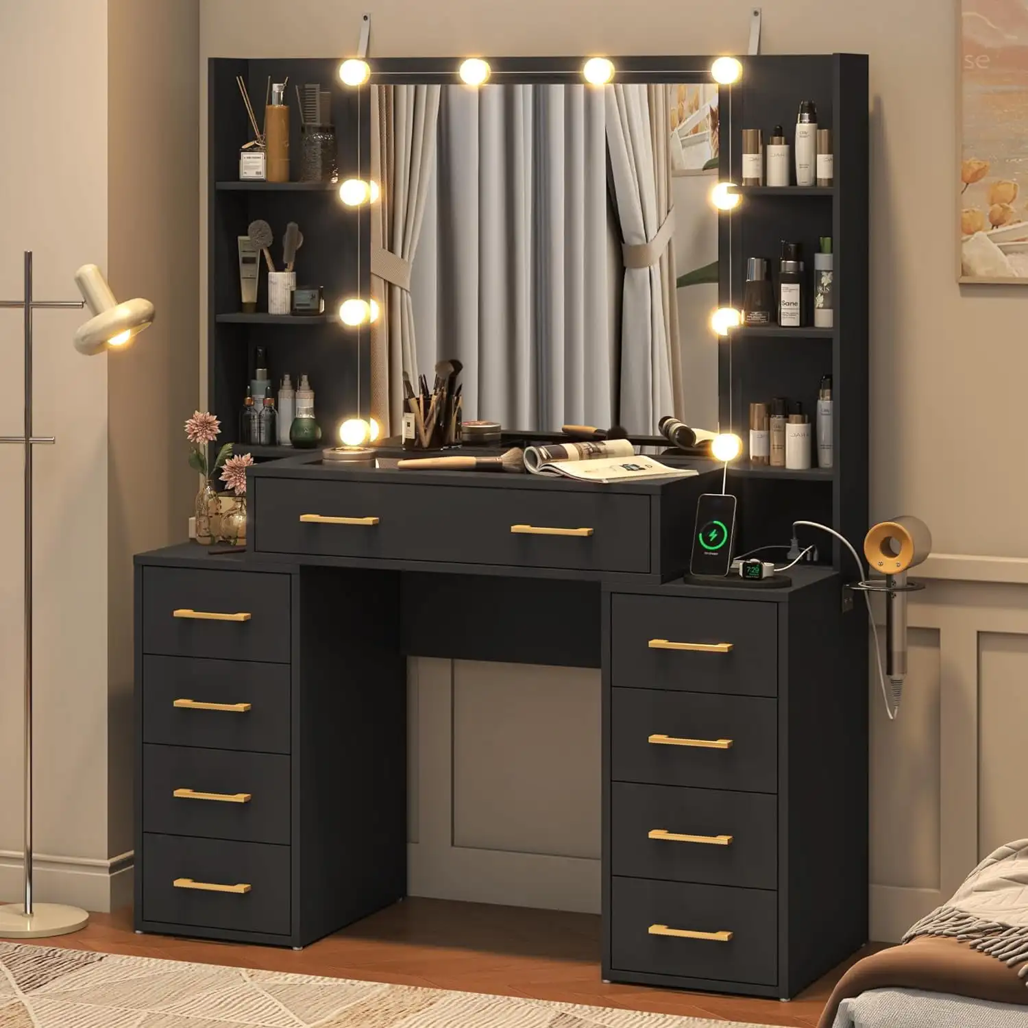 Modern Vanity Desk Mirror LED Lights Glass Top Vanity Desk with Charging Station Compartment Storage Drawers White