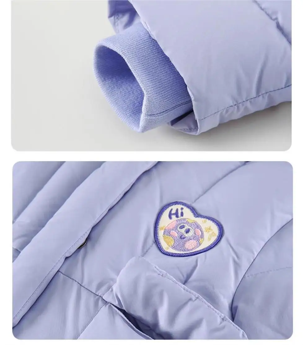 Fashion big fur collar medium long children white duck down padded kids girl jacket white puffer jacket embroidery