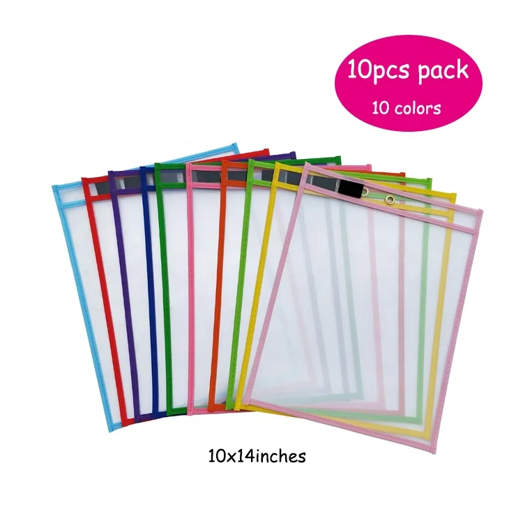 Multicolored A4 student supplies durable PVC plastic dry erase pocket sleeves for classroom organization teaching