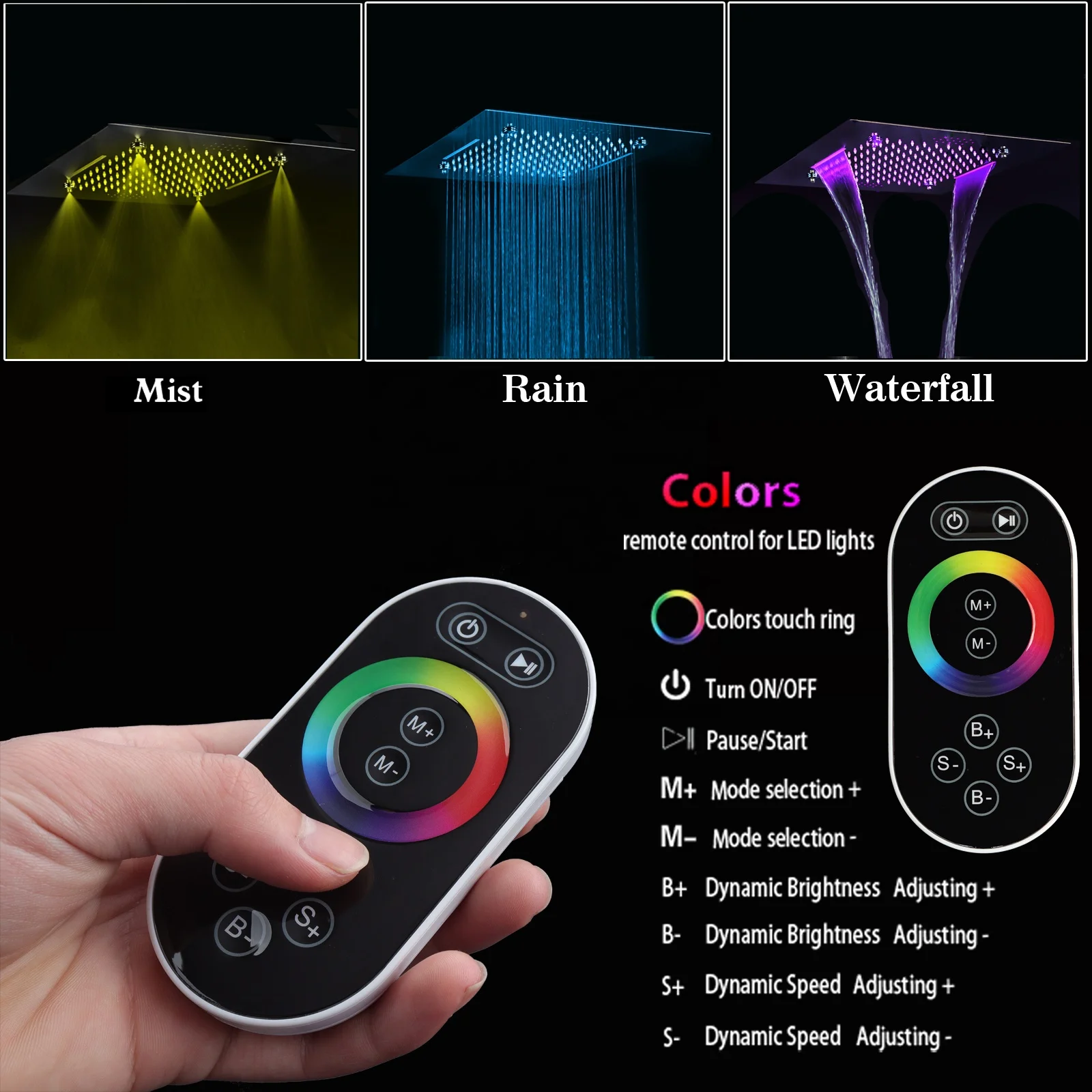 LED Music Shower System Set 500*500mm Multi Functions Ceiling LED Shower Head Cold and Hot Digital Display Shower Mixer Valve