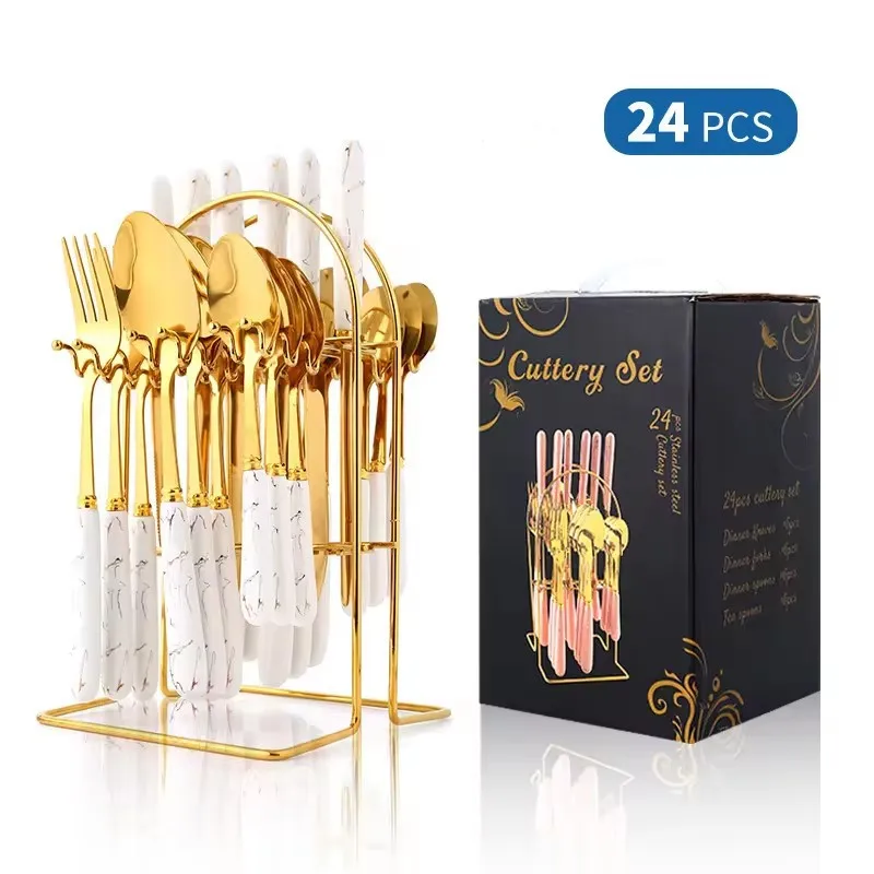 Marble ceramic handle 24 pcs Flatware Knife Fork Spoon Matte Gold hanging Stainless Steel Cutlery