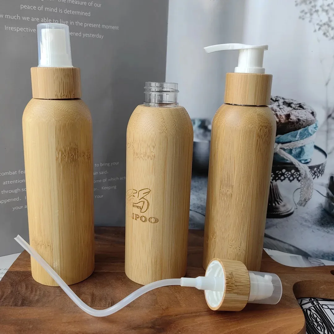 Eco Friendly Bamboo Cosmetic Packaging Bamboo Lid Cream Jar and Pump Spray Bottle Set Skincare Face Cream Lotion Bottle