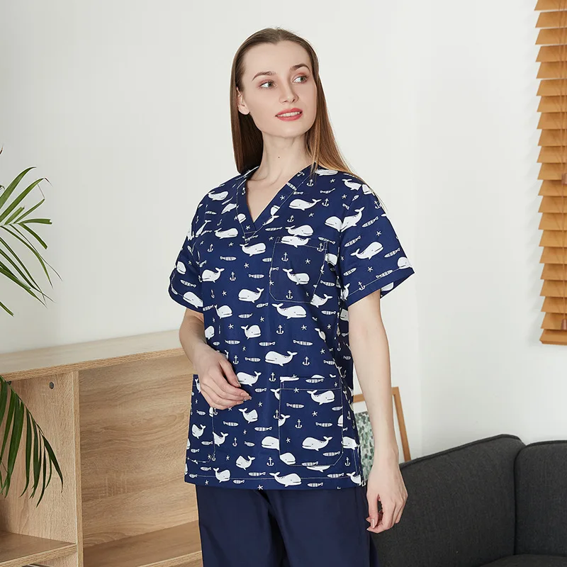 XLL-Women and men scrub cartoon printed top cotton Nurse hospital medical uniform
