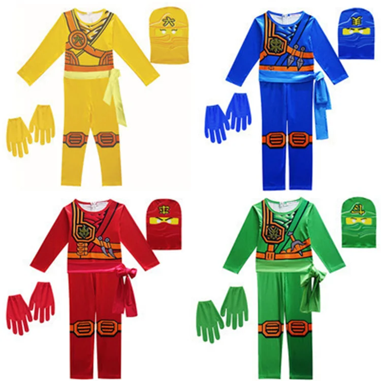 Halloween Christmas Ninja Cosplay Costume 4 Color Green Red Blue Yellow Role Playing Costume Boys Jumpsuit Set
