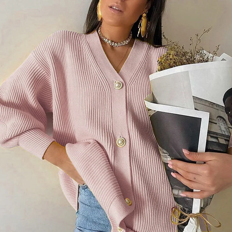 2021 fall new   V collar simple atmosphere elegant temperament knitting cardigan women  sweater long coat