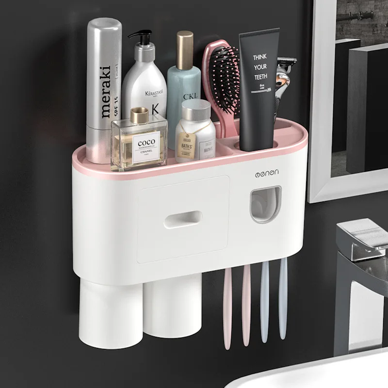 Bathroom Accessories Set Magnetic Adsorption Inverted Toothbrush Holder Automatic Toothpaste Dispenser Squeezer Storage Rack