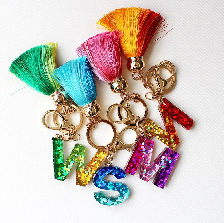 gradient Sequin tassel 26 letters resin keychain, Acrylic 26 capitals alphabet Initial glitter bag charm pendant car keyring,
