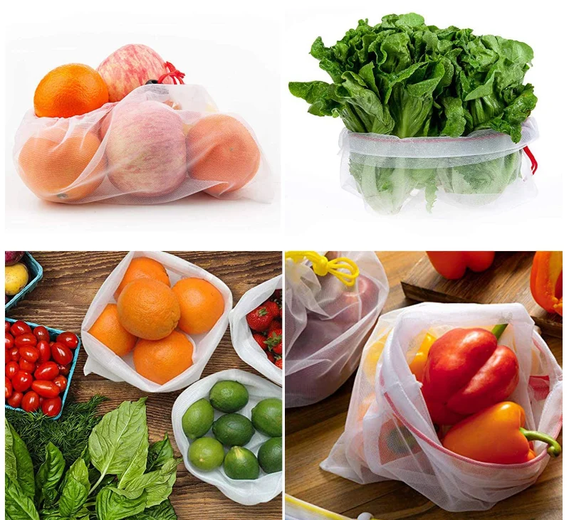 
ECO-Friendly Safe Mesh Bags sets For Fruit, Veggies, Shopping Mesh Storage Bag With Drawstring Reusable Mesh Produce Bags 