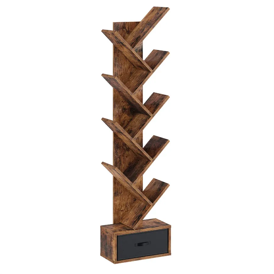 Home Office Furniture Decorative Custom MDF 9 Tier Tree Shape Book Rack Shelf Wooden Bookcases With Drawer