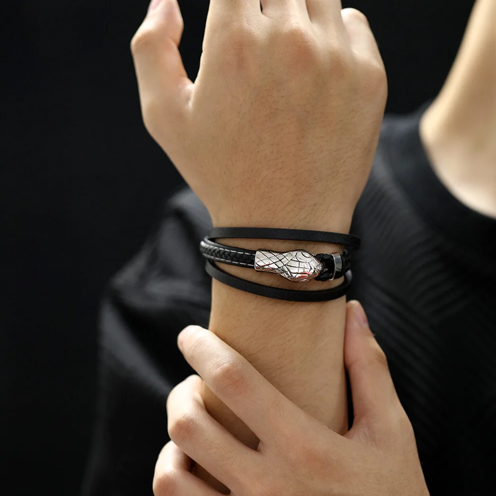 Magnetic Clasp Python Snake Charm Mens Black Braided Genuine Leather Bracelet