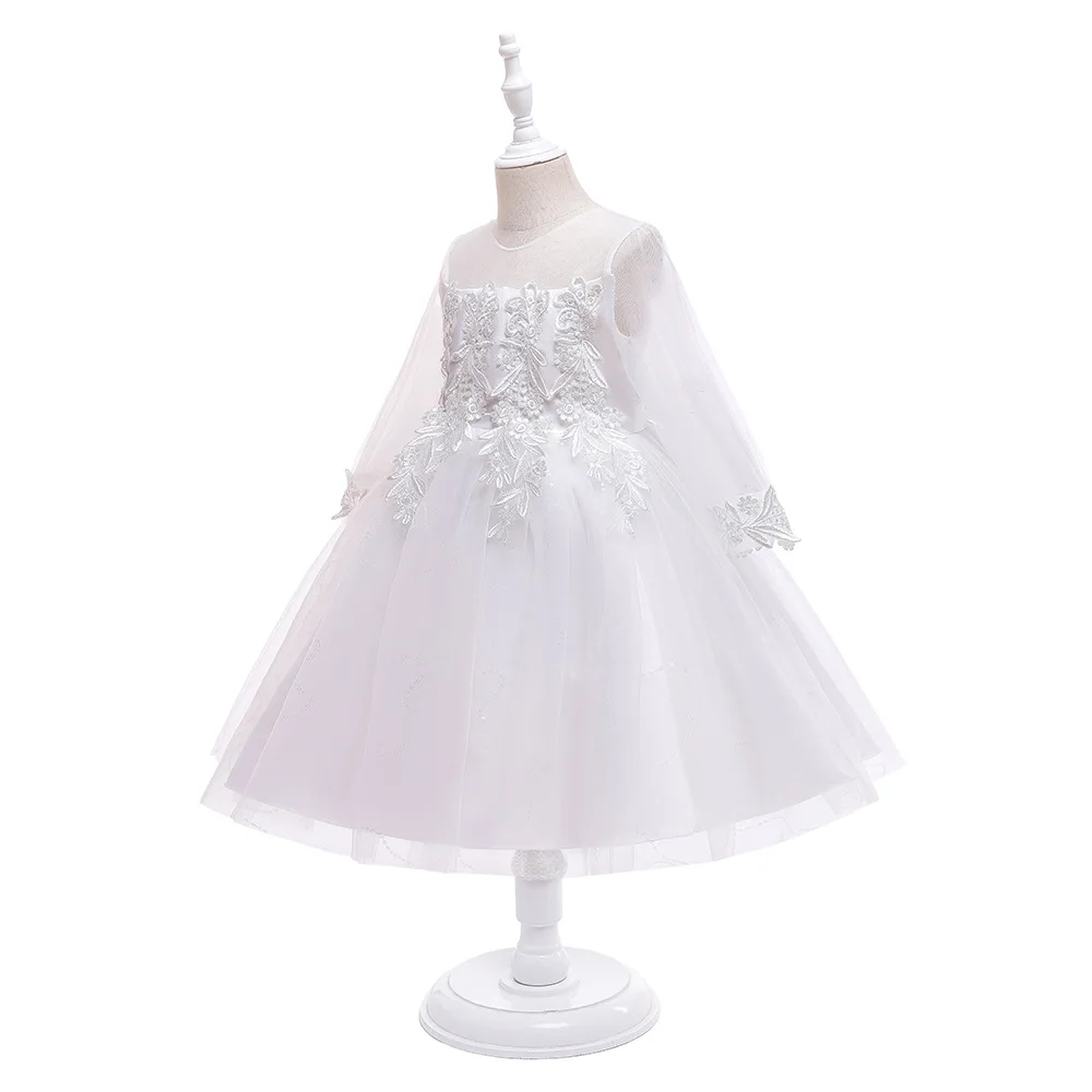 White flower girls birthday party long sleeve embroidery lace piano performance puffy tulle princess dress