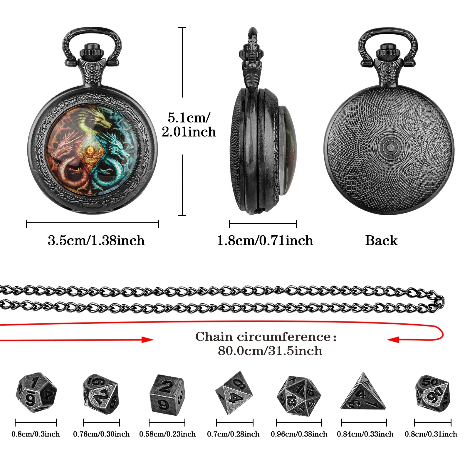 Vicious Dragon DND Pocket Watch Shell Dice Mini Metal Dice Set for Dungeons and Dragons