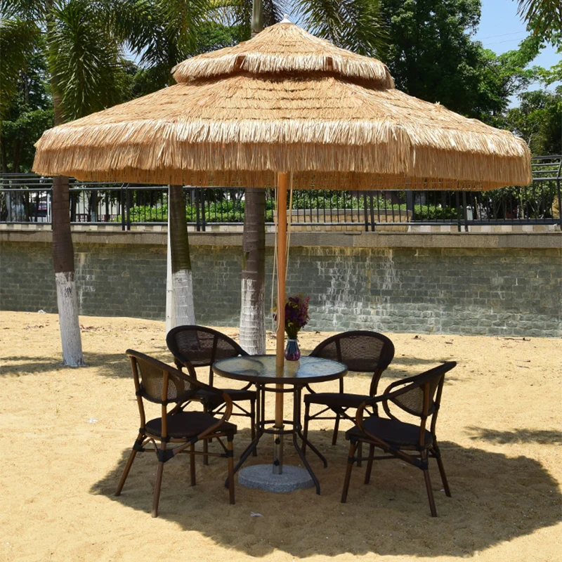 High Quality Backyard Beach Sun Protected Parasol Straw Double Top Thatch Wood Umbrella