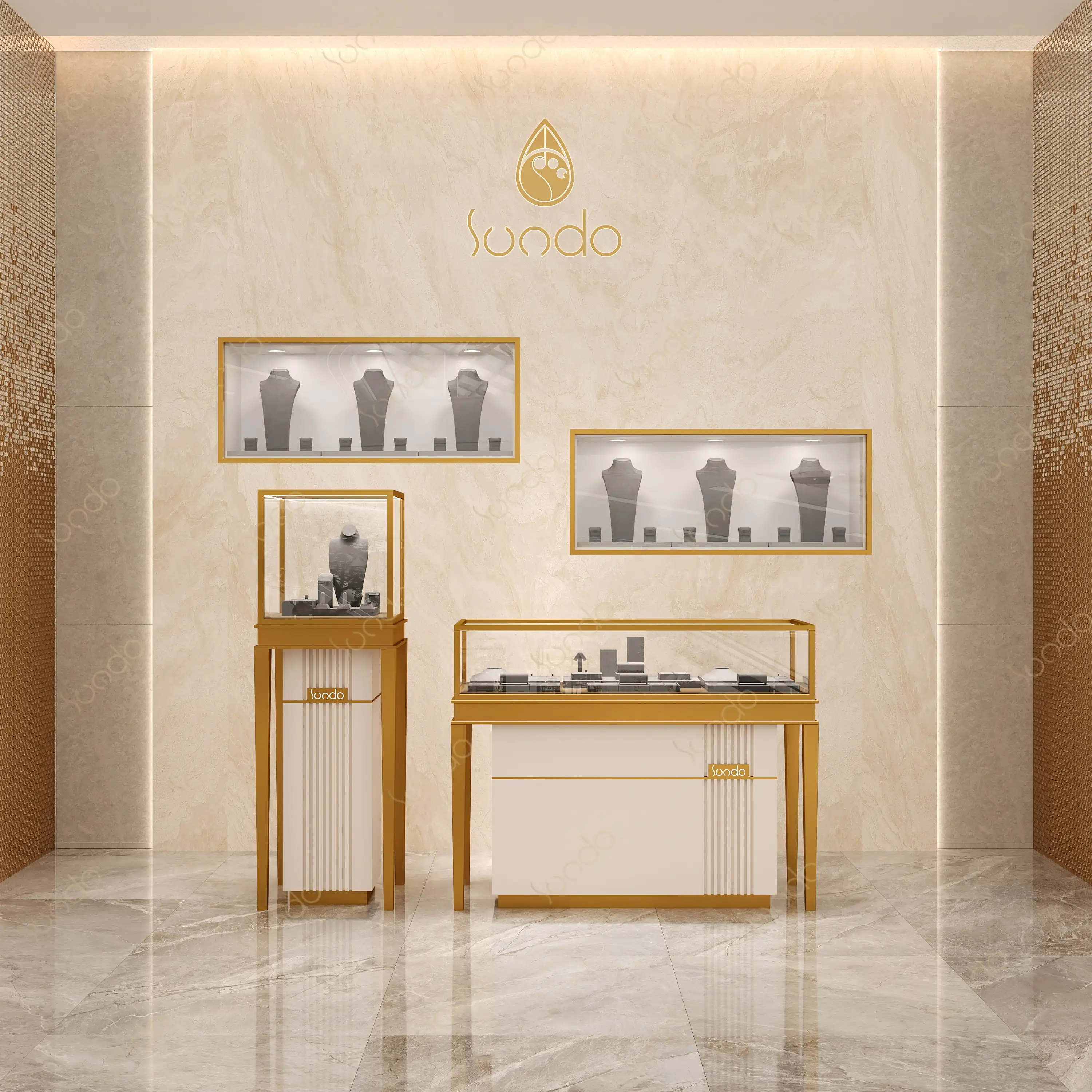 Luxury modern metal custom logo  gold silver Glass wall jewelry showcase display cabinet Counter for jewelry shop decoration