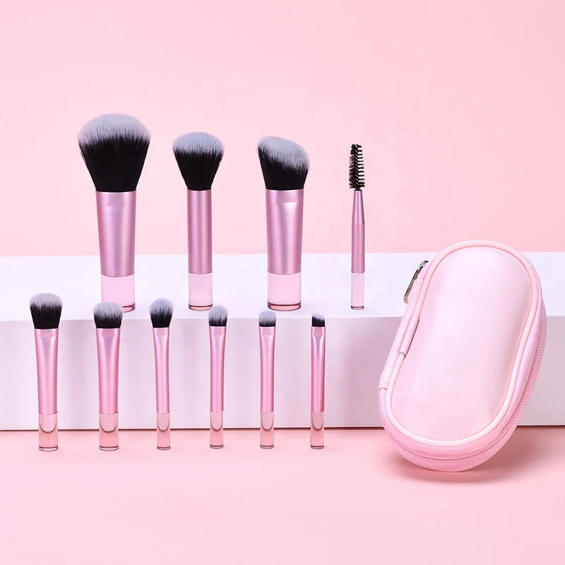 Portable Travel Makeup Brush Set Crystal Handle 10pcs Easy-taken Mini Full Complete Function Makeup Brushes Kit with Brush Pouch