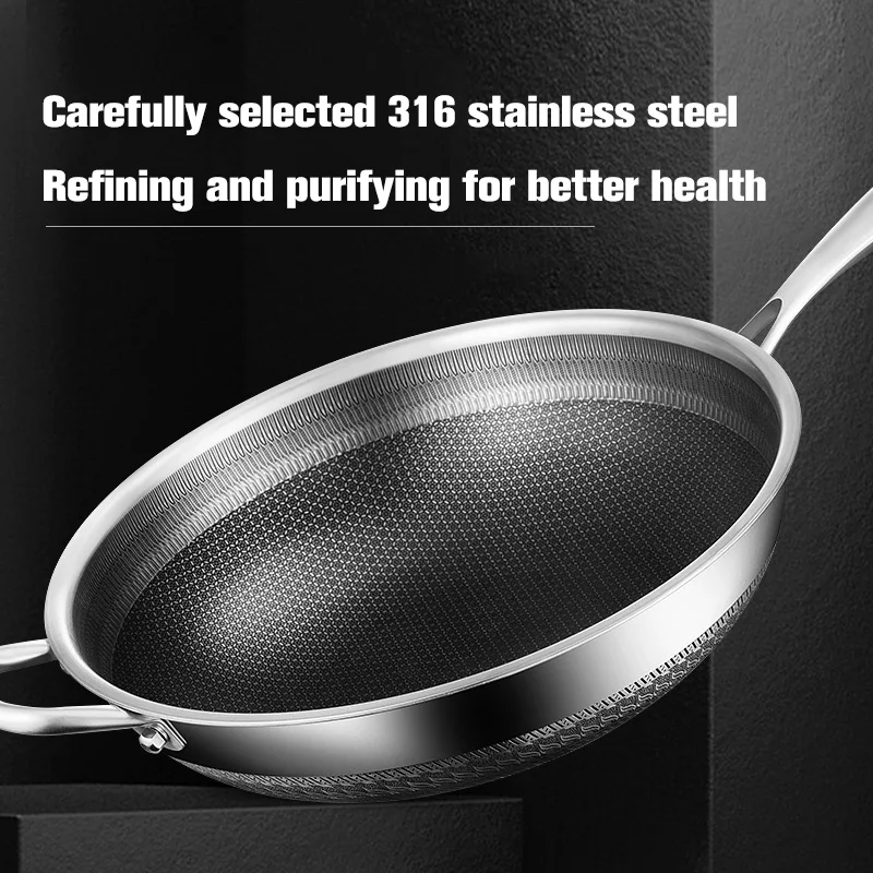 Hot Selling Double-sided honeycomb 316 Stainless Steel Frying Pan triple-layer Steel Uncoated Non-stick wok