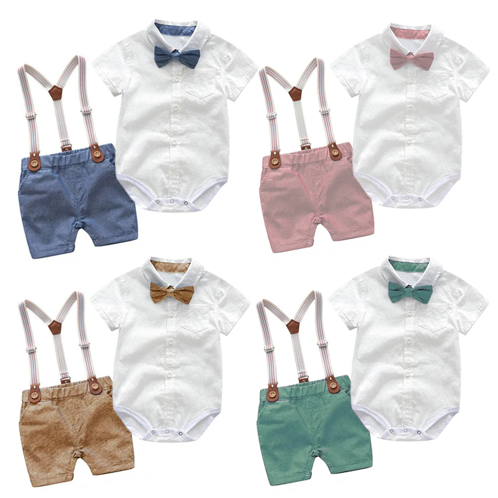 New Arrived British Style Cotton Children Clothes Summer Baby Boy Clothes Short Sleeve Romper Shirt Suspender Shorts Suit Sets