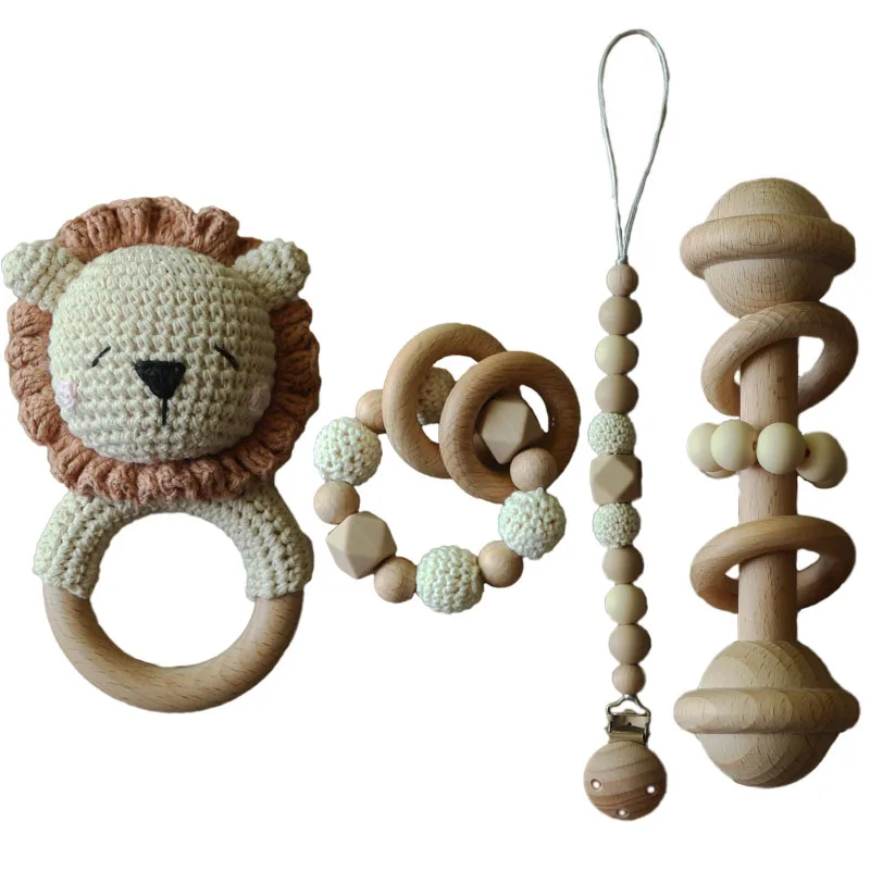 4 Pcs Set Baby Gift  Toy Cute Animal Lion Crochet Rattle Wood Dummy Clip Pacifier Chain Silicone Wooden Teether Baby Toy Set