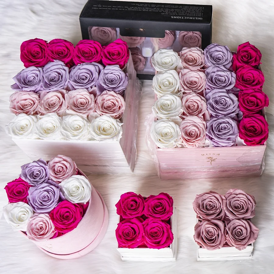 YunNan Wholesalers Acrylic Valentines Day Gift 6 Roses in a Box Perfect Eternal Rose Preserved Flower Preserved Roses in Box