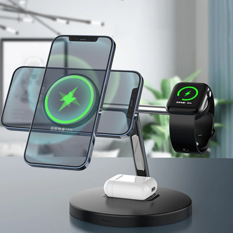 3 in one Desktop 15W Fast Wireless Charging Holder Stand Dock Table Qi Magnetic Magsafes 3 In 1 Wireless Charger Station