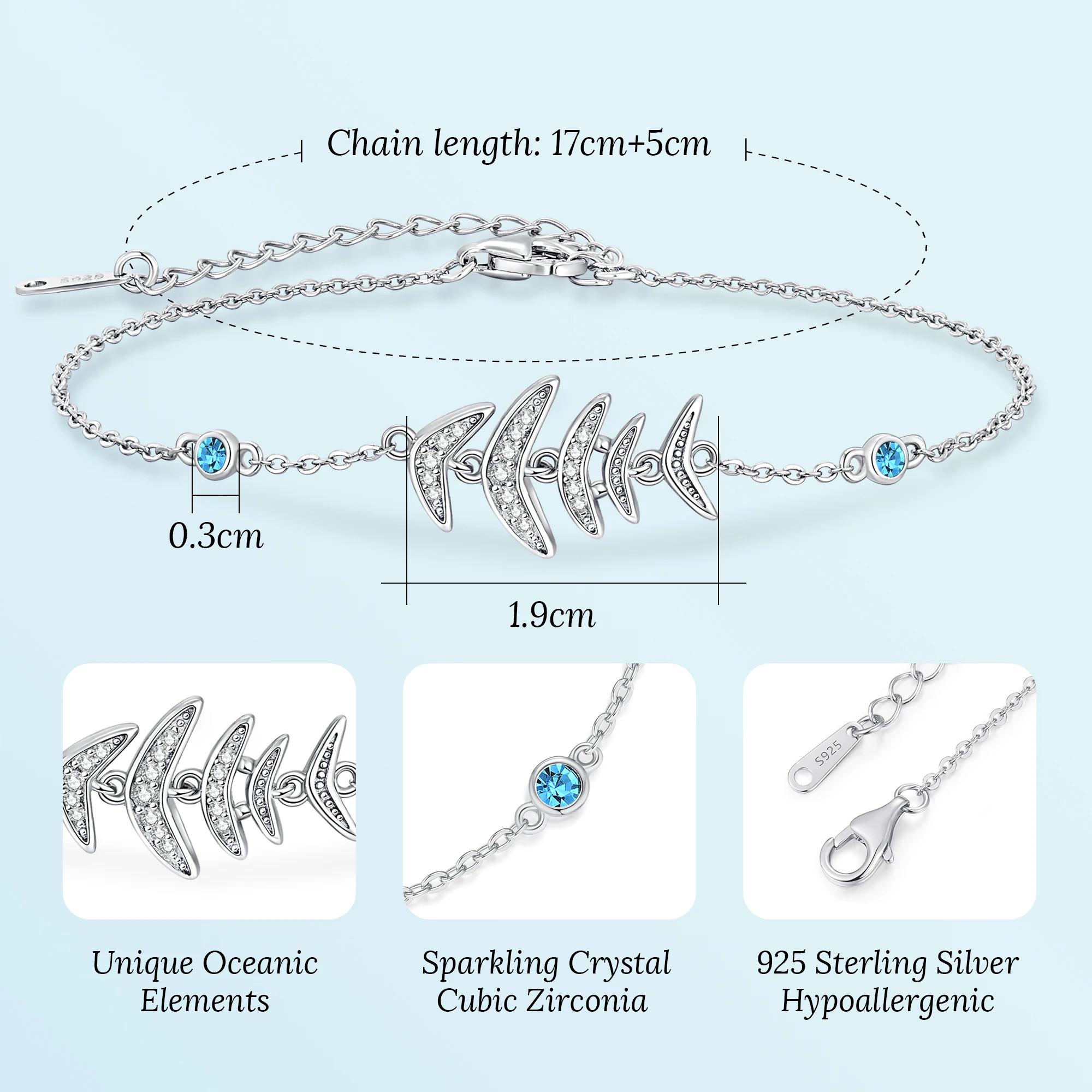 CDE 925 Sterling Silver Personality Custom Zircon Fish Bone Bracelet For Women Gifts