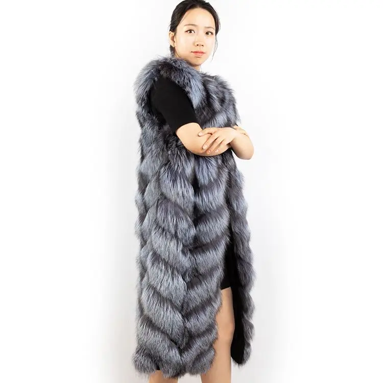 DH IATOYW 2019 Popular Women Real Fox Fur Gilet 110cm Long Wholesale Winter Silver Fox Fur Vest