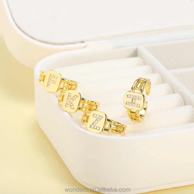 Cute CZ Setting Initial Letter Alphabet Rings For Women Minimalist Belt  J M N S T Adjustable Fashion Rings Women Girls Jewelry