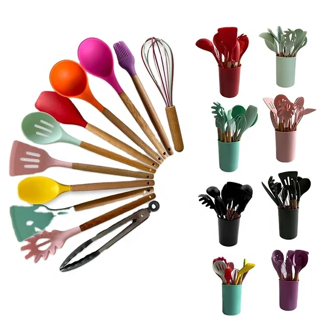Household 11pcs Silicone Kitchen supplies Utensils Set with wood Handle