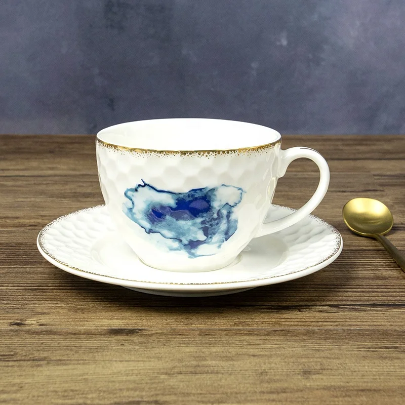 Wholesale 15pcs Shining golden bule color royal design white embossed body high quality Eco-Friendly tea sets for 6 person sets