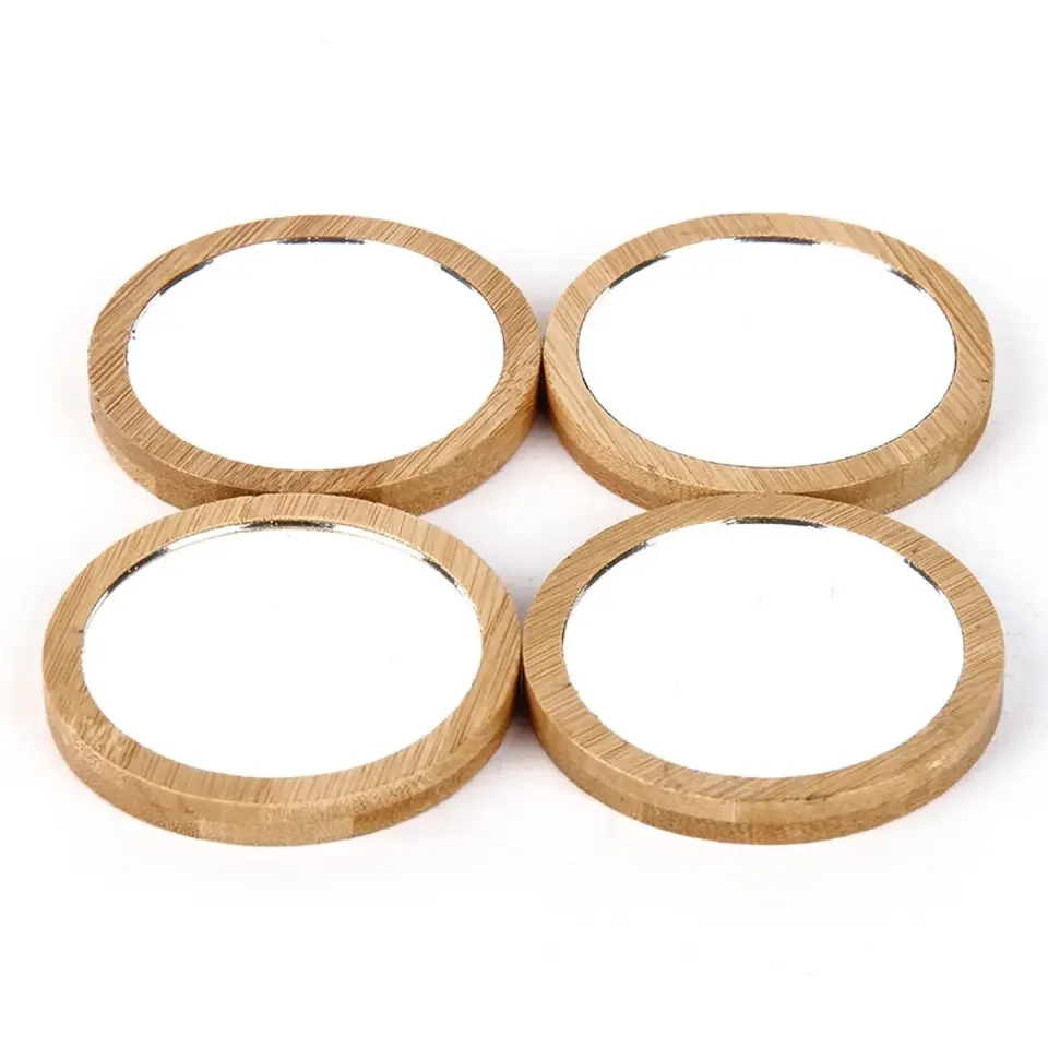Natural Bamboo Handheld Makeup Cosmetic Compact Round Mirror Hand Mirror Logo Bamboo Pocket Mirror