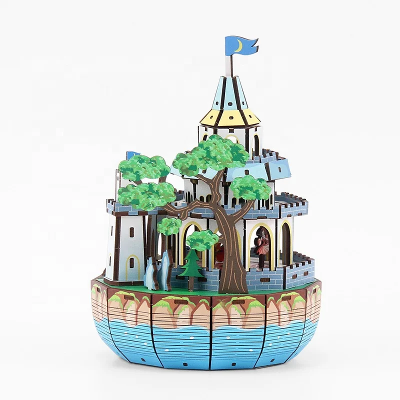 New style creative 3D puzzles DIY custom carousel castle toys wooden puzzle 3d music box for kids