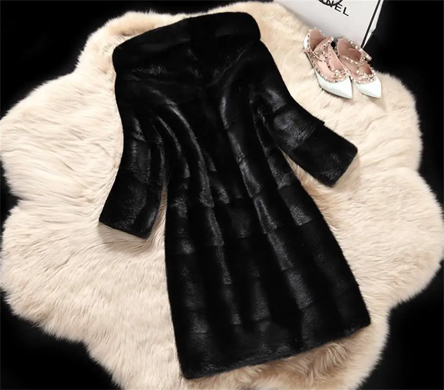Fashion Winter Women Faux Fur Warm Hooded Coat Striped Mink Fur Jacket for Women