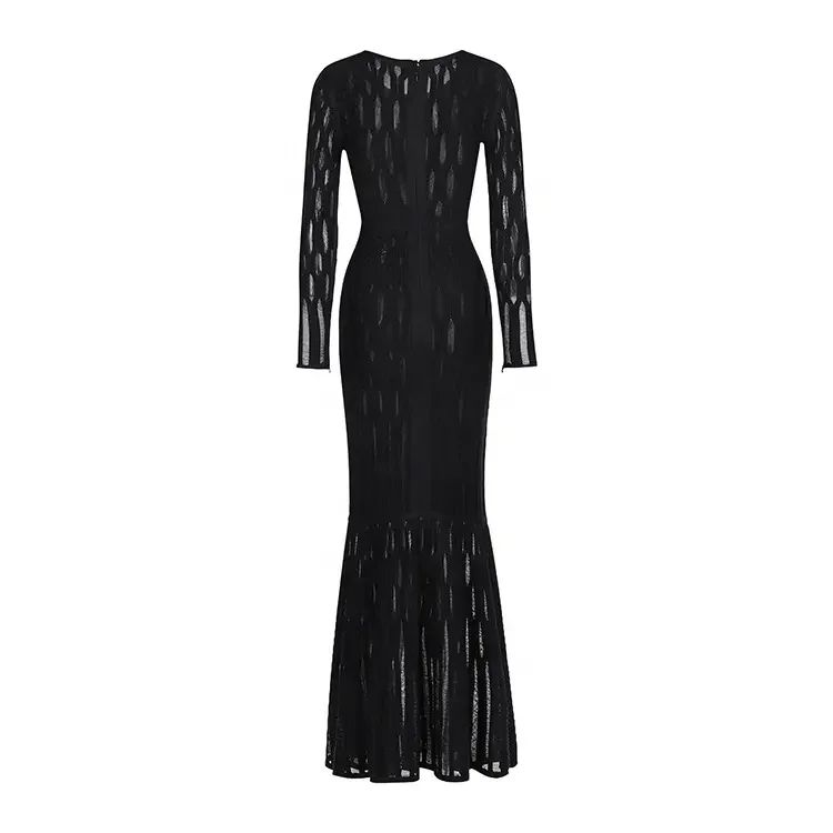 Custom OEM&ODM Elegant Luxury Dinner Hollow Out Mermaid Long Sleeve Gown Knit Wool Pleated Long Maxi Club Formal Dress For Women