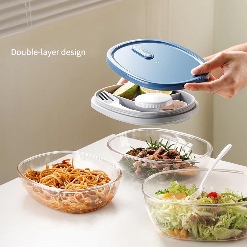 800ml clear Leakproof food Container with divided Tray and elastic strap plastic salad box with sauce box and cutlery lunch box