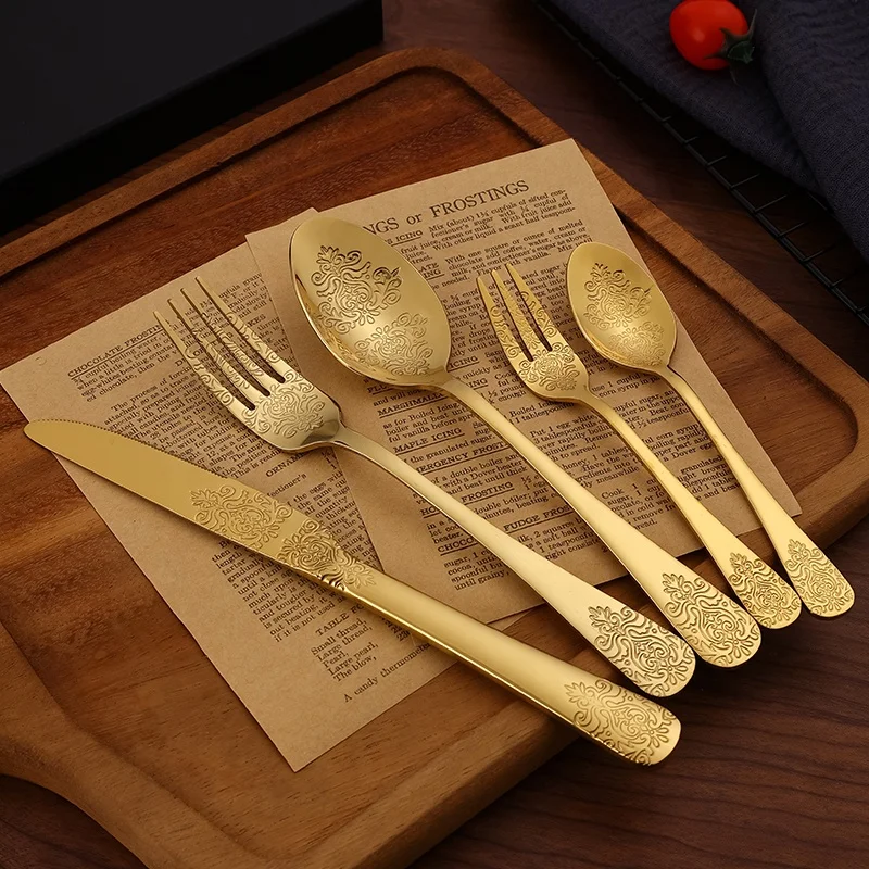 Zara Home Products Carving Golden Knife Fork Spoon Engraving 5Pcs Luxury Gold Silverware Set