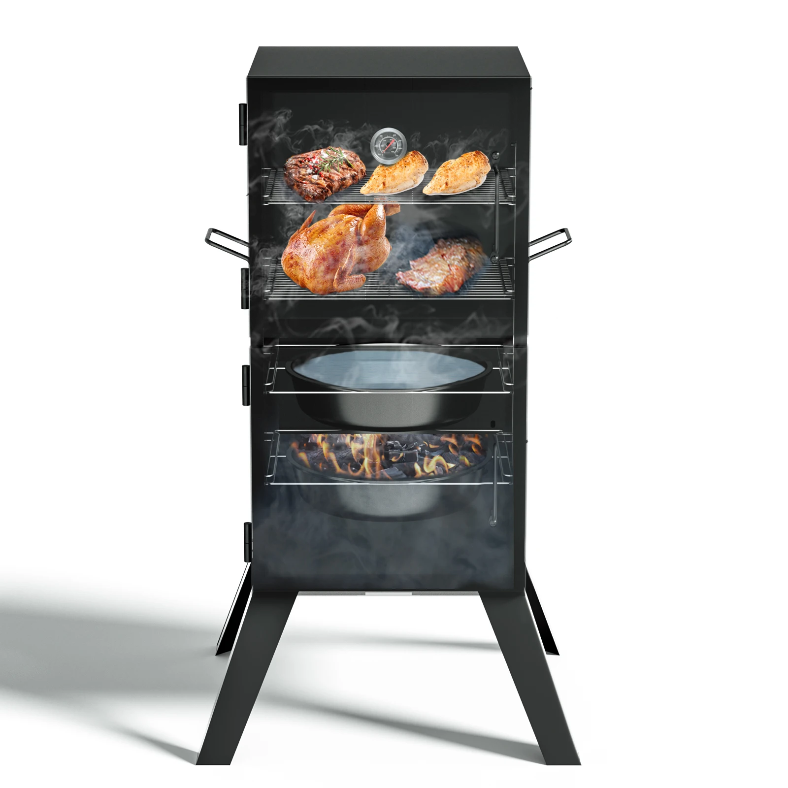 Miire 4 in 1 Multifunction Charcoal BBQ Smoker Barbecue Grill Vertical Barrel with Adjustable Cooking Grid for Backyard Outdoor