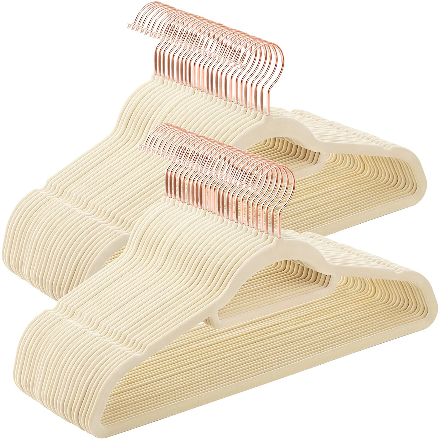 ANQI Pack of 50 Beige rose gold tip fashion non-slip ultra thin notched clothes  velvet hanger flocked hanger