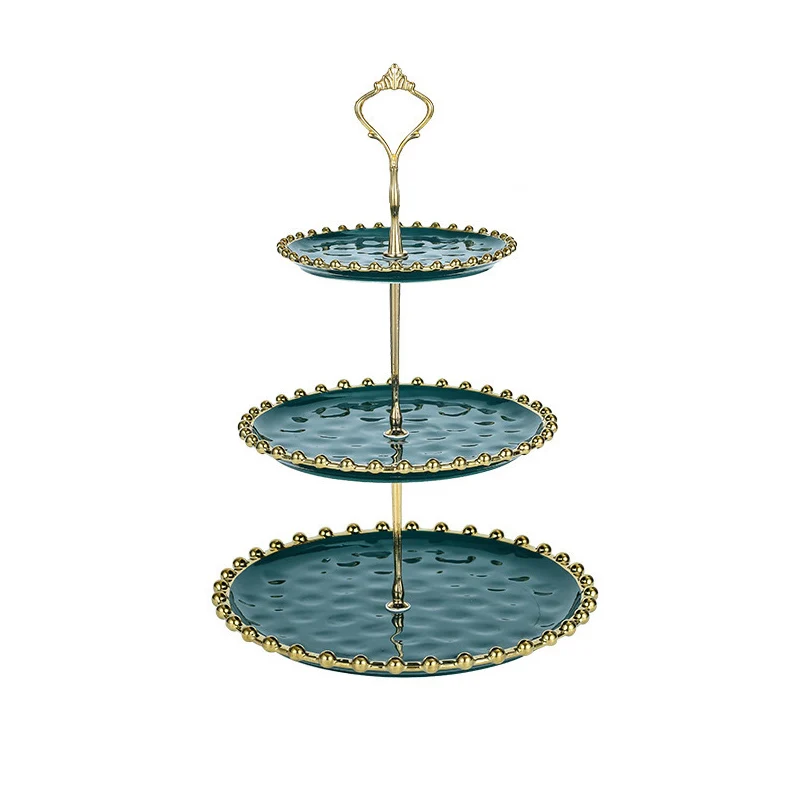 3 Tier Cake Stand Ceramic Dessert Plate Server for Birthday Fruit Display Wedding Cake Stand Serving Tool with Gold Beaded Rim