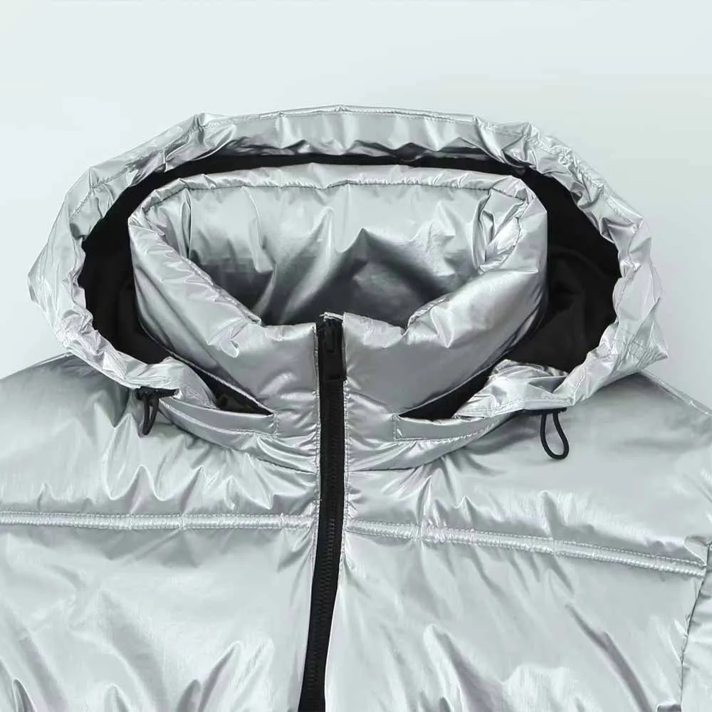 PB&ZA Women 2023 Winter Fashion Metal padded jacket short anorak Coat Vintage Long Sleeve Female Outerwear Chic Overshirt