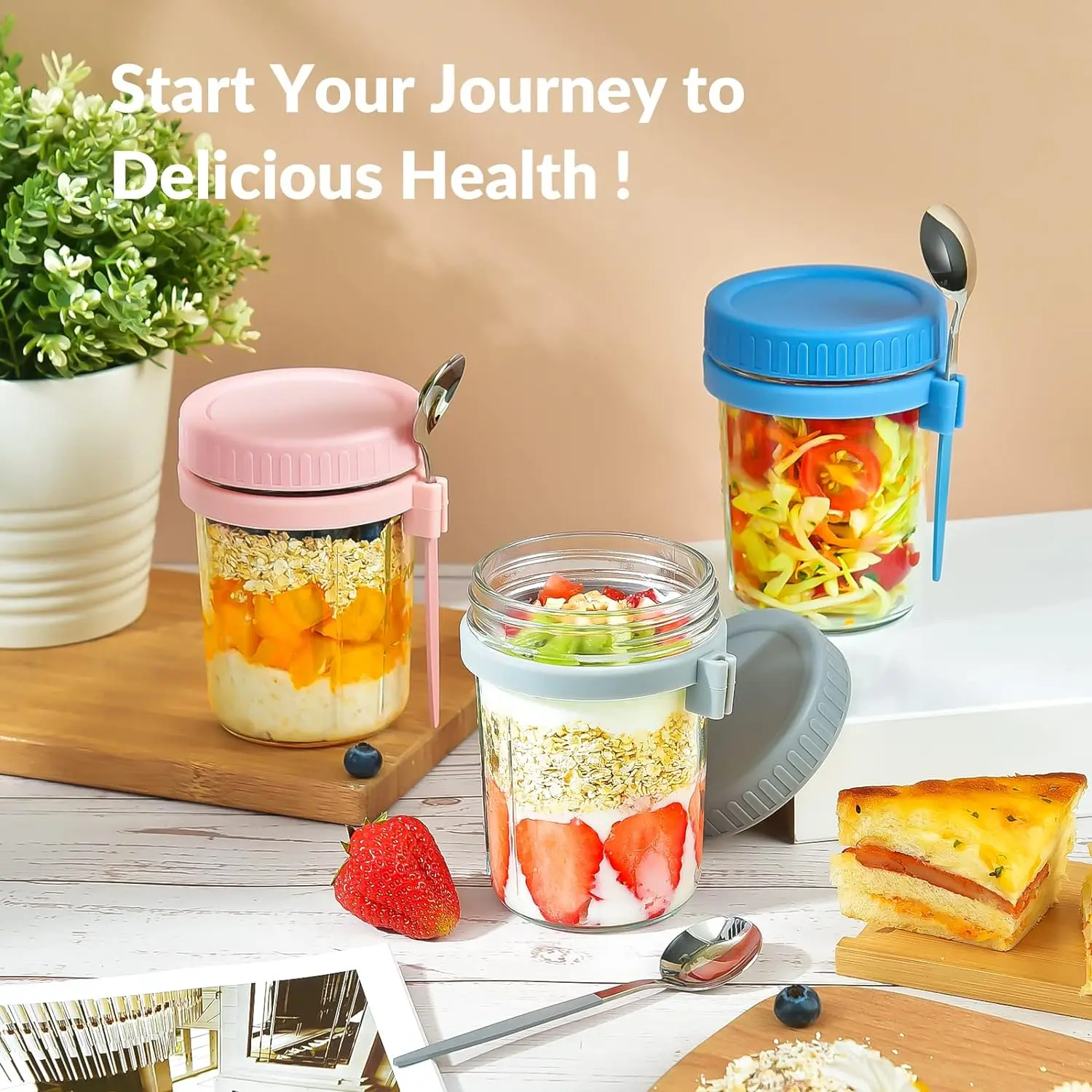 4 Pack Overnight Oats Containers with Lids and Spoons Leak Proof Oatmeal Container