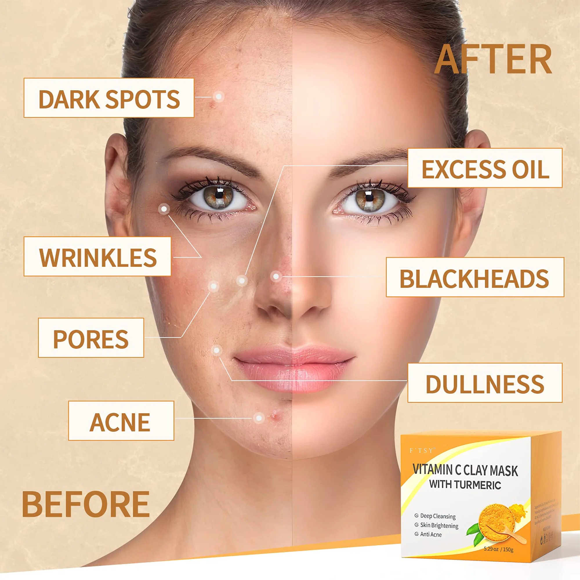 Private Label Skincare Facial Vitamin C Infused Kaolin Clay Turmeric Collagen Targets Dark Spots Dull Skin Oil Pores
