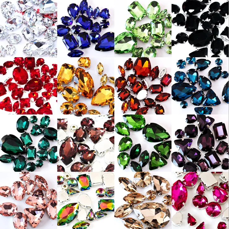 Sew on flat back glass Rhinestone with claw, glass rhinestone in sew on setting
