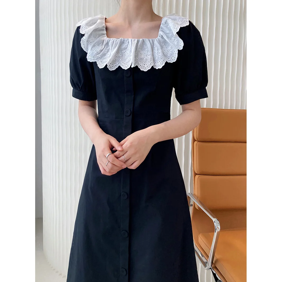Fashionable Design Lace crochet square collar Elegant single breasted doll collar women dresses