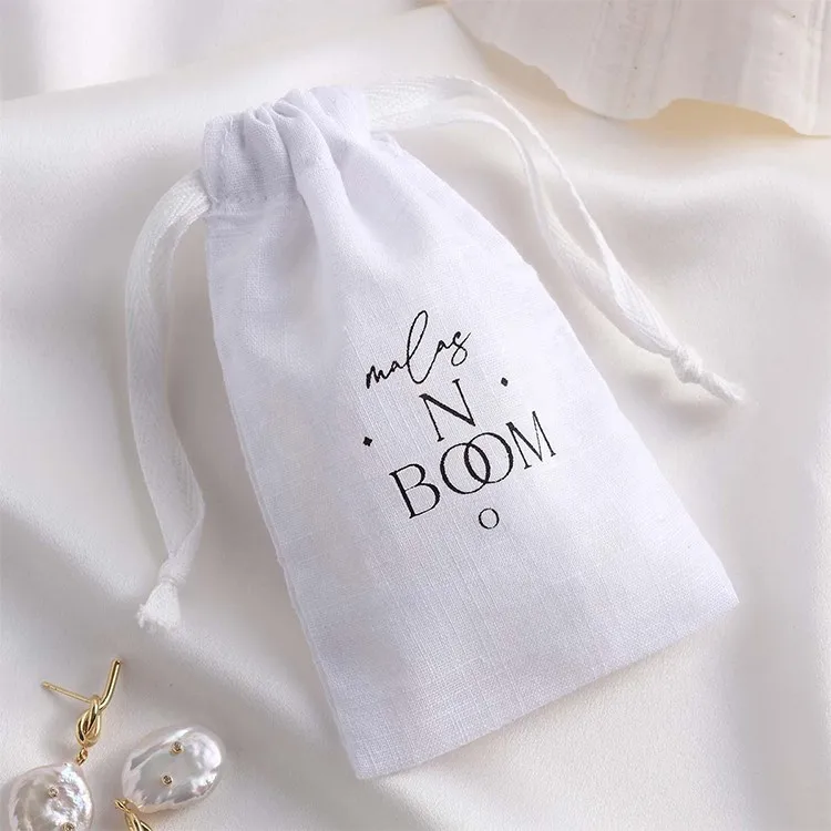 White organic cotton earring pouch custom printed black logo for jewelry bags