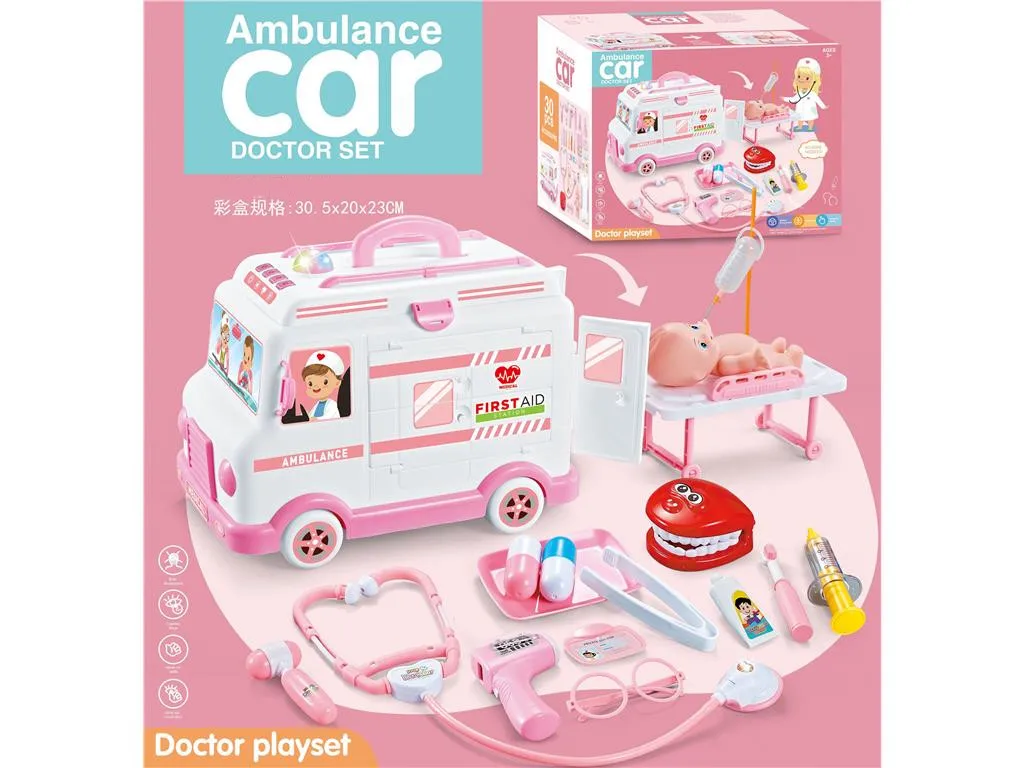 Kids sound and light Medical doctor pretend play toys set emergency ambulance car toy with doll