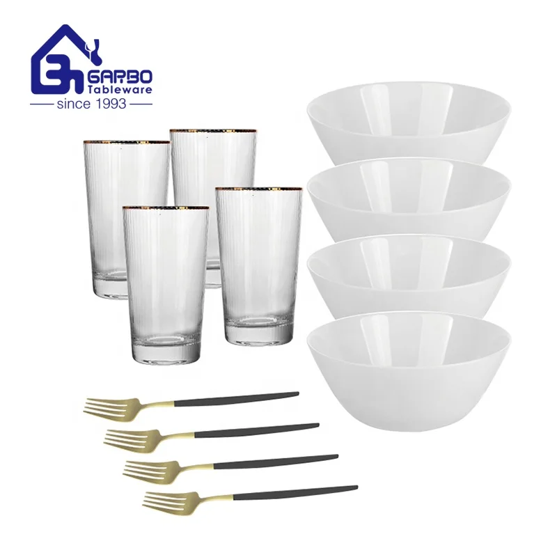 Color box pack customized logo tableware set heat resistant opal plate dinner set with water juice tumbler classic dinner spoon
