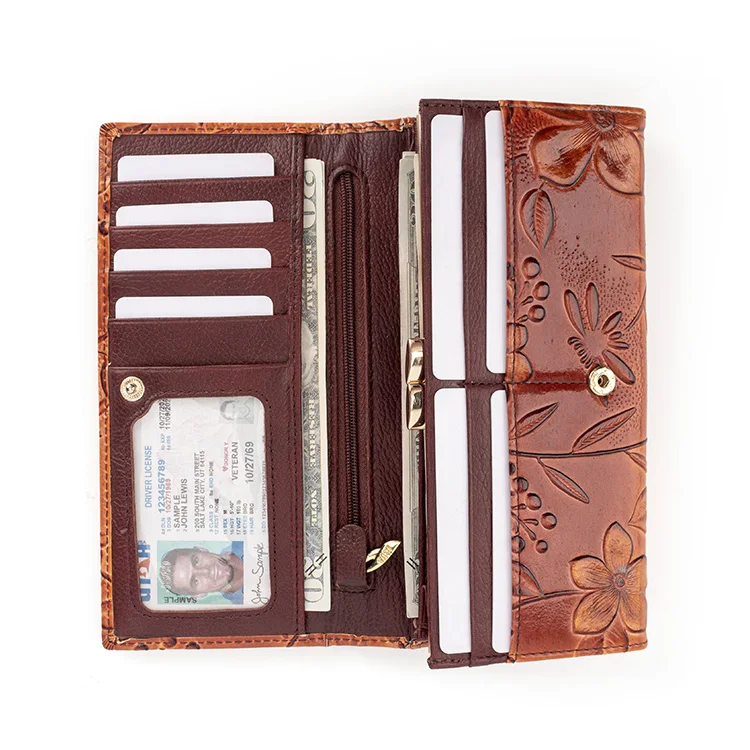 High Quality Retro Style Women Genuine Leather Long Wallets Ladies Purses Handbag Clutch Flower Embossed Wallets for Women