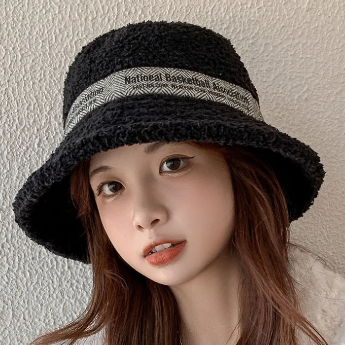 Fashion Popular Women Custom Logo Fishing Lamb Bucket hat Sherpa Fleece Bucket Hat Custom Sherpa  Bucket Hat
