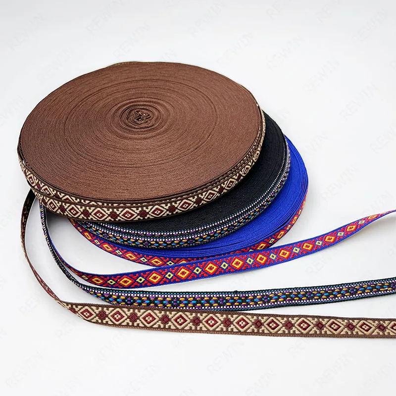 REWIN Cloth Decoration DIY 1cm Floral Embroidery Ribbon Strap Trim 10mm Wide Ethic Rhombus Woven Jacquard Ribbon Webbing